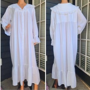 The 1 For U Amelia White Cotton Maxi Nightgown Prairie Button Front Lace Size XL